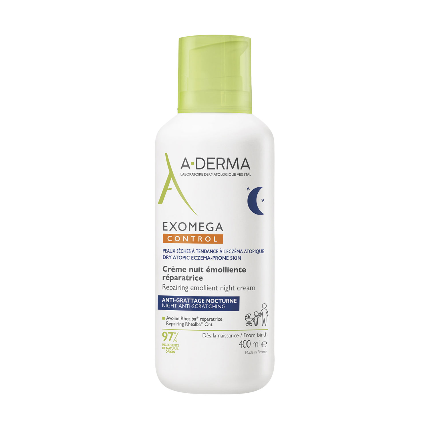 Нічний відновлювальний крем для обличчя та тіла A-Derma Exomega Control Repairing Emolient Night Cream для сухої шкіри, схильної до атопії, 400 мл